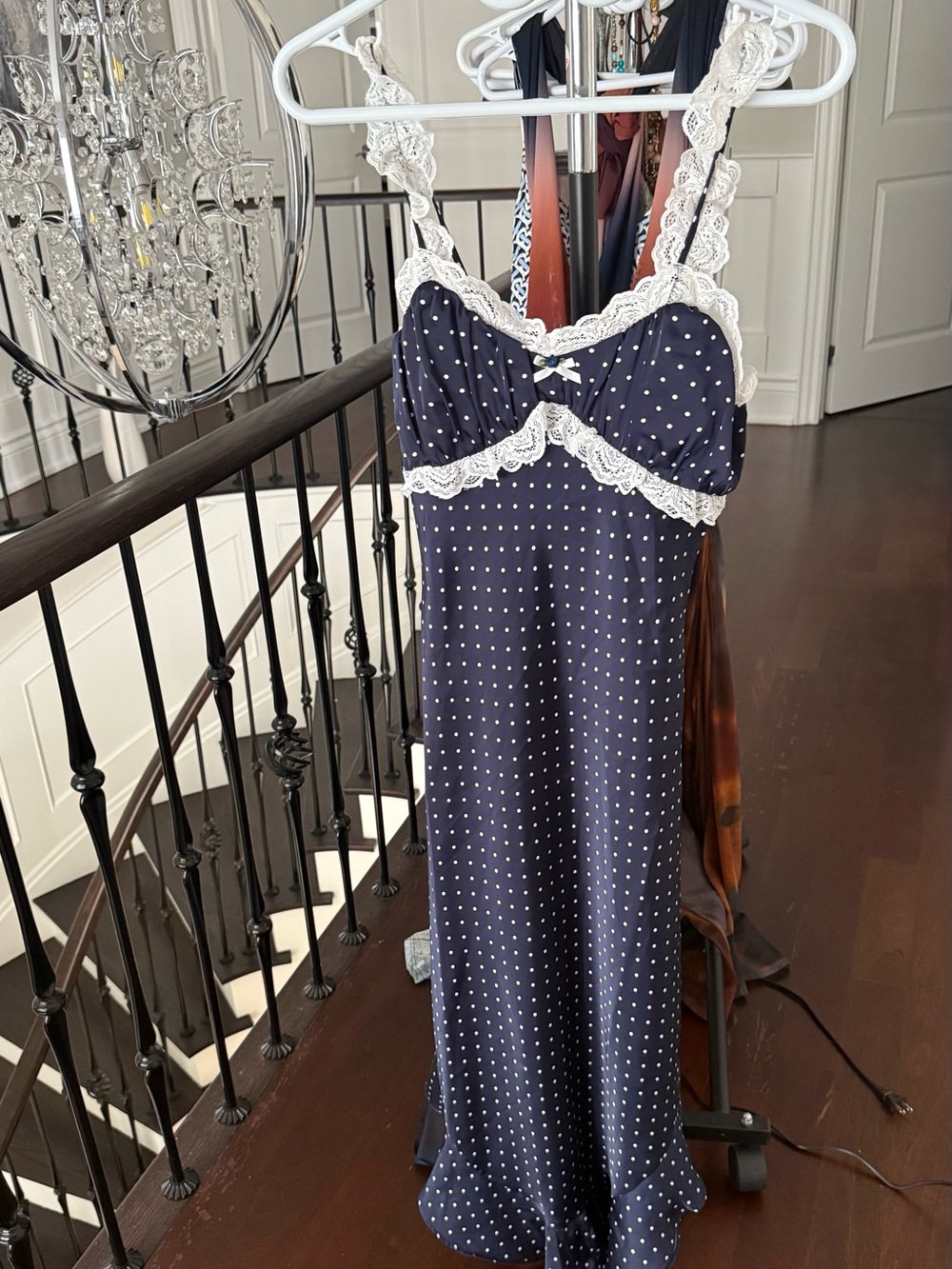Navy Polka Dot Lace-Trim Midi Dress